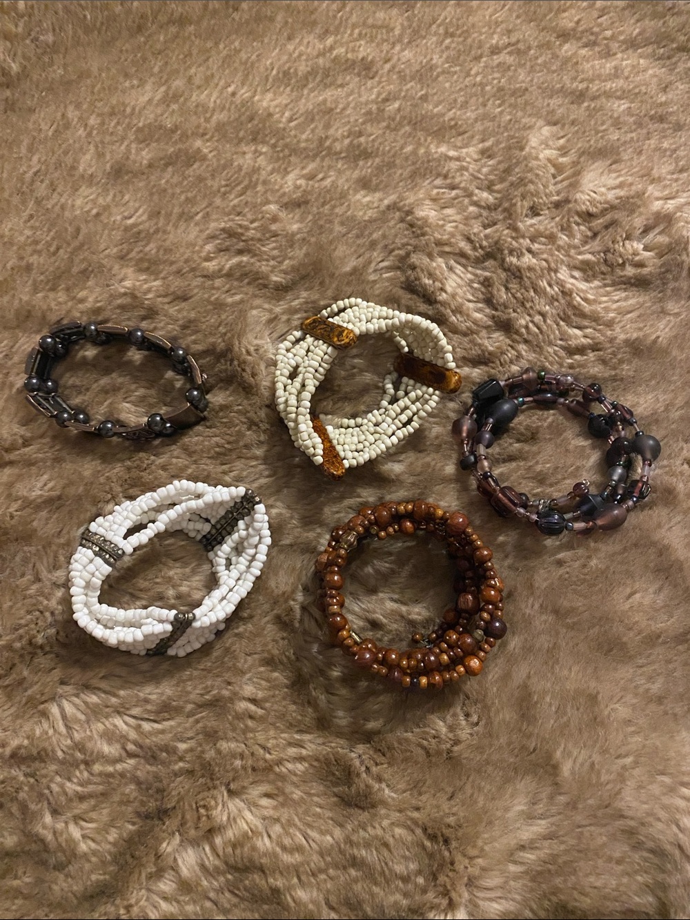 Beaded Stretch Bracelet Set — White, Brown, Cream, Black